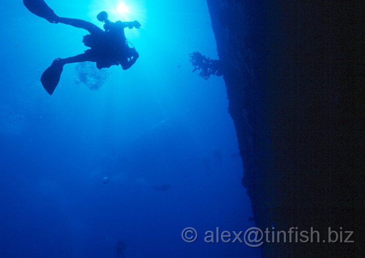 Nagato Diver 1.jpg - Lookin up from 50m you can just make out the divers on deco & the boat..!